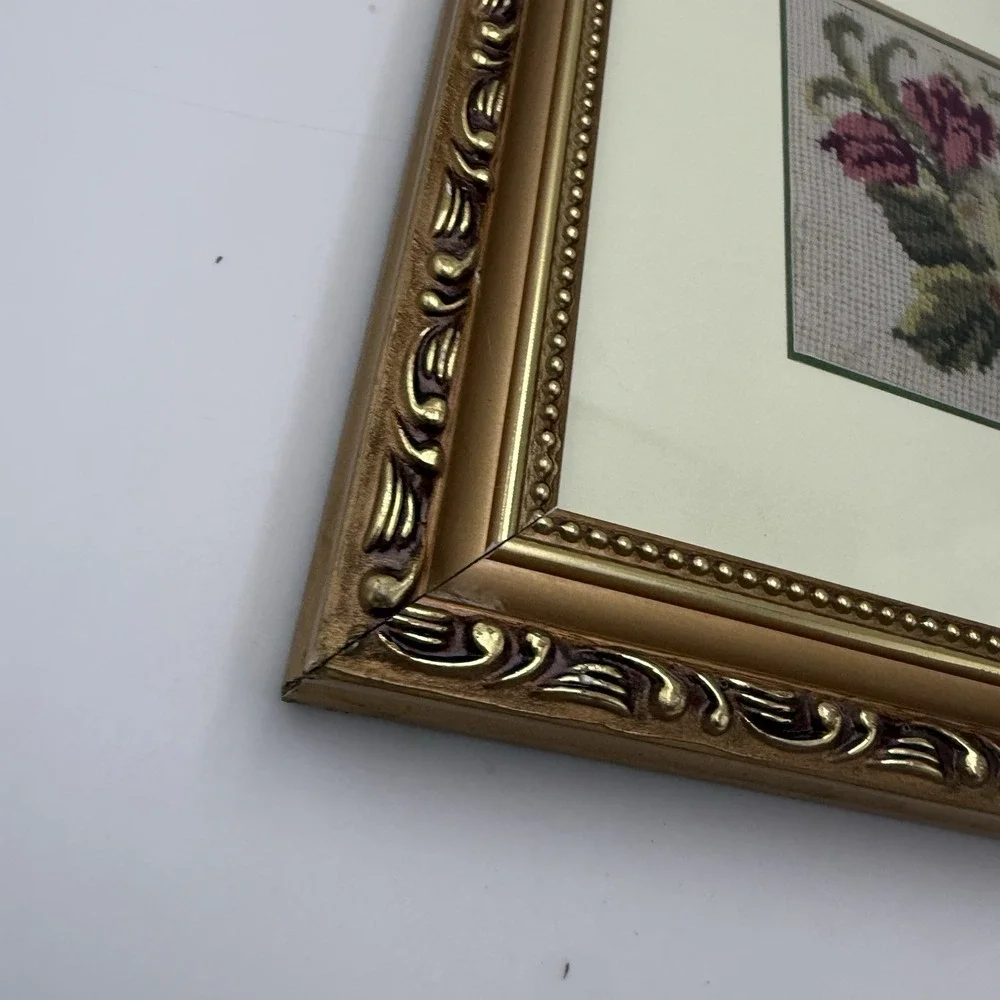 Lot 2 Floral Needlepoint Gold Matte Frame Cross Stitch Pair Hanging Cottagecore